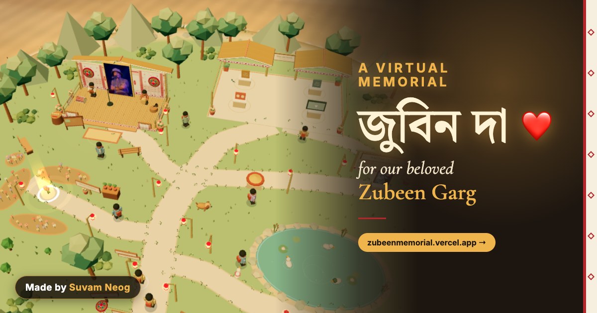 The Zubeen Garg Virtual Memorial: a low-poly island with a stage, archive house and pond, made by Suvam Neog.